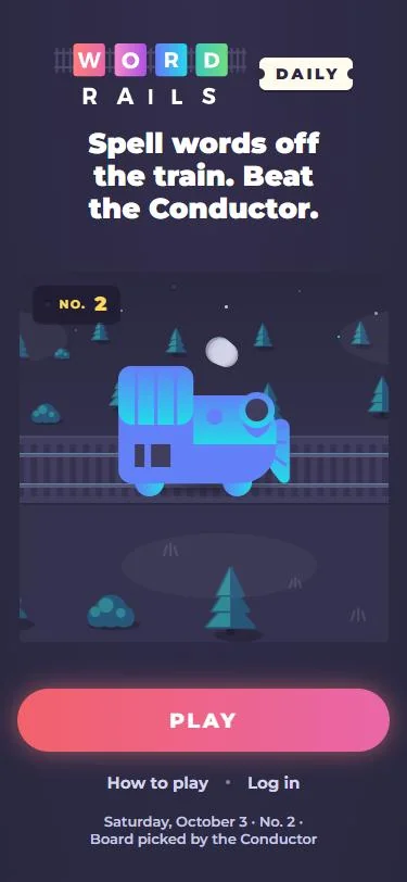 The Word Rails Daily welcome screen: Spell words off the train. Beat the Conductor.