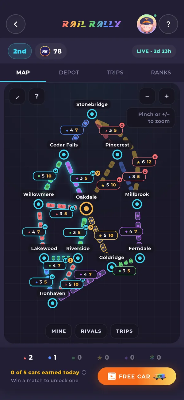 The Rail Rally map in Word Rails, with routes between towns to claim