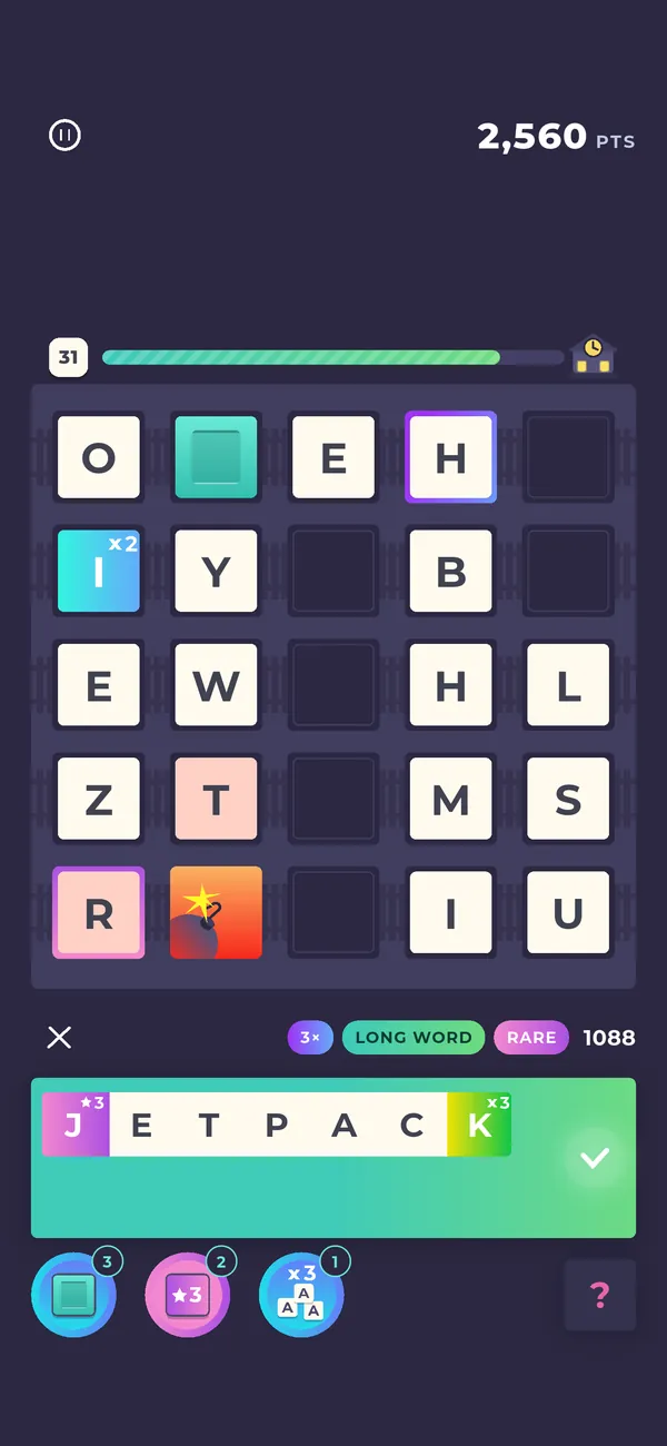 Spelling JETPACK in Word Rails, with the 5+, LONG WORD and RARE chips lit above the word tray